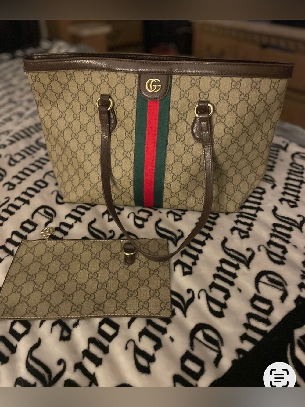 Gucci Brown Beige GG Canvas Tote with Green-Red Stripe - Picture 3 of 9